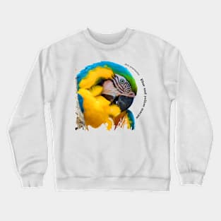 Blue and yellow macaw tropical bird pin black text Crewneck Sweatshirt